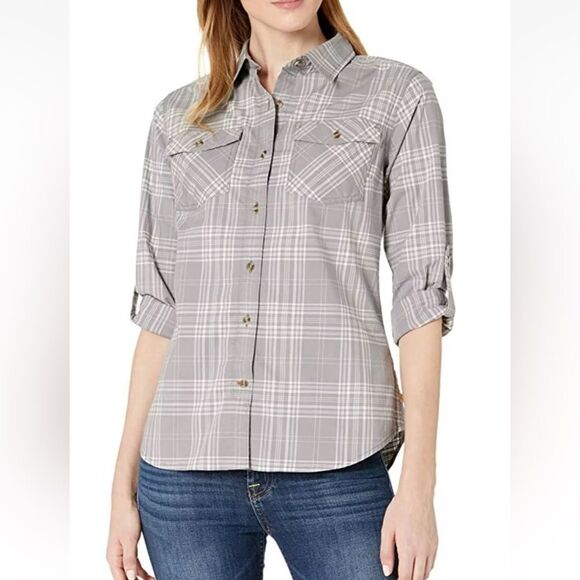 CARHARTT Woman Rugged Flex Button Plaid Shirt Cotton Stretch Long Tab Sz (8-10) - Picture 1 of 11